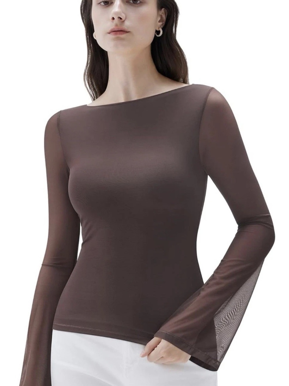 Women’s Brown Long-Sleeve Mesh Bell Sleeve Tee